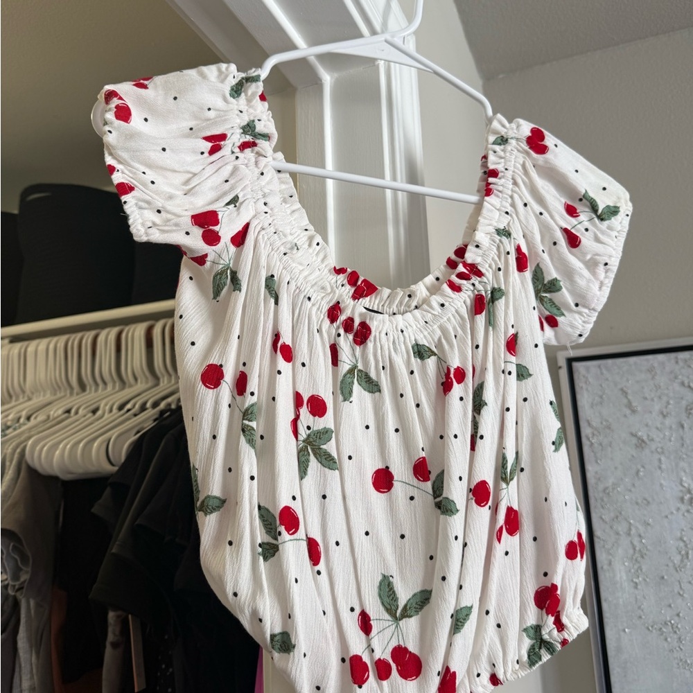 Mind Code White Top with Red Cherry Print